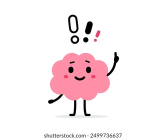 Vector cartoon illustration of cute happy brain character with exclamation mark on white color background. Flat doodle style design of solution brain think for web, site, banner, poster, card