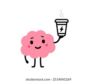 Vector cartoon illustration of cute happy brain hold coffee cup with lightning on white color background. Flat doodle style design of smile brain character and coffee break for web, site, banner