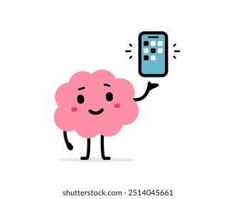 Ilustração de desenho animado vetor do personagem feliz do cérebro bonito com telefone inteligente na mão no fundo da cor branca. Design de educação estilo doodle plano de sorriso rosa cérebro usar telefone para web, site, banner