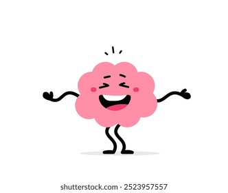 Ilustración de dibujos animados de Vector de personaje de cerebro feliz lindo con la boca abierta y la mano ondulada sobre fondo de color blanco. Diseño plano del estilo del doodle de la danza del cerebro de la sonrisa y relájese para el Web, sitio, Anuncio, cartel