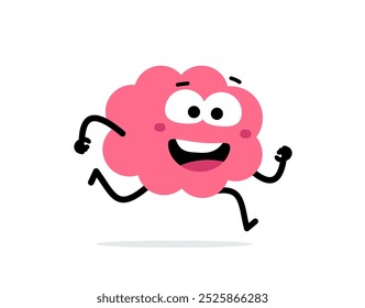 Vector cartoon illustration of cute happy brain character with open mouth and big eye on white color background. Flat doodle style design of smile brain run for web, site, banner, poster, card