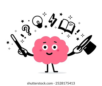 Vector cartoon illustration of cute happy brain character with magic wand and magician hat on white color background. Flat doodle style design of smile brain think creative idea for web, site, banner