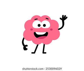 Vector cartoon illustration of cute happy brain kid character with open mouth and wave hand on white color background. Flat doodle style design of smile brain with tooth for web, site, banner, poster