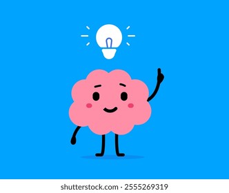 Vector cartoon illustration of cute happy brain think creative idea on blue background. Flat doodle style design of smile pink brain character with light bulb overhead and hand raised up with finger