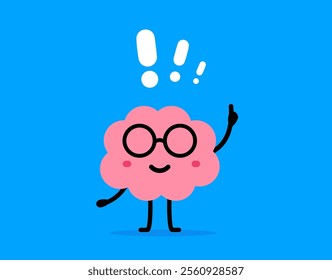 Vector cartoon illustration of cute happy brain character in glasses with raise hand up and exclamation mark on blue color background. Flat doodle style design of solution brain think for banner