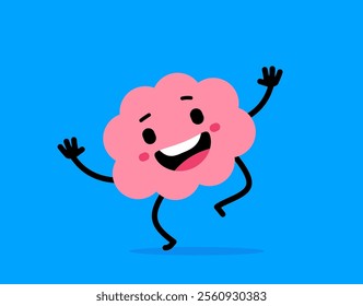 Vector cartoon illustration of cute happy brain character with open mouth on blue color background. Flat doodle style design of smile brain walk with wave hand for child website, kid education banner