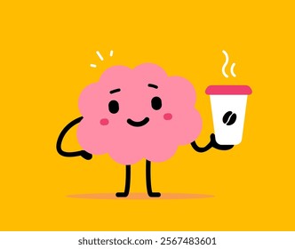 Vector cartoon illustration of cute happy brain hold coffee cup with steam on yellow color background. Flat doodle style design of smile brain character with mug to coffee break for web, site, banner