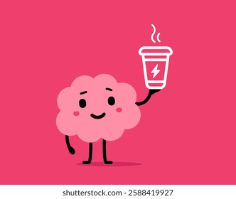 Vector cartoon illustration of cute happy brain character hold coffee cup with lightning symbol on pink color background. Flat doodle style design of smile brain character and energy coffee break