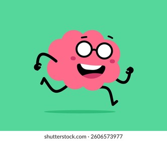 Vector cartoon illustration of cute happy brain character in glasses with open mouth on color background. Flat doodle style design of smile brain fast run forward for web, site, banner, poster, card