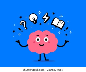 Vector cartoon illustration of cute happy character brain with book, question and light bulb on blue color background. Flat doodle design style of smile kid brain think of creative idea for banner