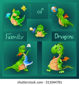 Vector cartoon illustration with cute happy Family of Dragons
