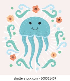 Vector cartoon illustration of Cute happy jellyfish character Sea animal. Medusa decorated with marine elements in vintage style