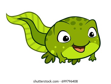 Vector cartoon illustration of a cute happy smiling bright green baby tadpole froglet pollywog character