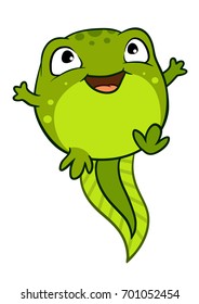 Vector cartoon illustration of cute happy baby tadpole character jumping for joy, bright green isolated on white background.