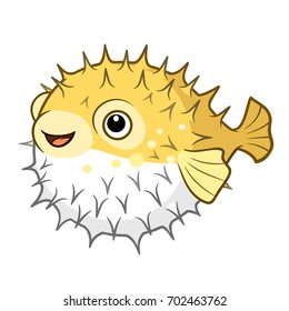 Vector cartoon illustration of a cute happy smiling yellow spiky puffer fish character isolated on white