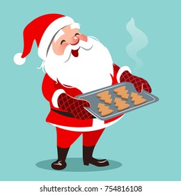 Vector cartoon illustration of cute happy Santa standing, holding baking sheet with Christmas tree shaped cookies. Christmas cooking themed design element in contemporary flat style, isolated on aqua 