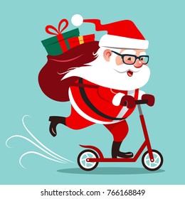 Vector cartoon illustration of cute happy Santa Claus riding on a kick scooter, with big backpack with gifts on his back. Christmas winter holiday design element in flat contemporary style.