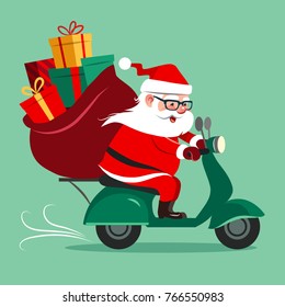 Vector cartoon illustration of a cute happy Santa Claus riding a motor scooter, with a sack full of colorful boxed gifts. Christmas holiday greeting card design element in contemporary flat style.