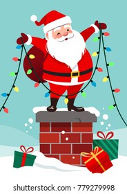 Vector cartoon illustration of cute happy Santa Claus standing on chimney holding multicolored light string garland decoration. Christmas festive winter scene in contemporary flat style.