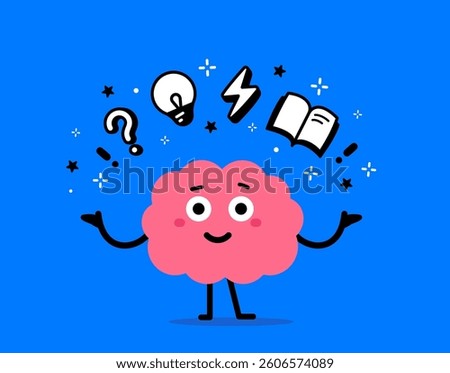 Vector cartoon illustration of cute happy character brain with book, question and light bulb on blue color background. Flat doodle design style of smile kid brain think of creative idea for banner