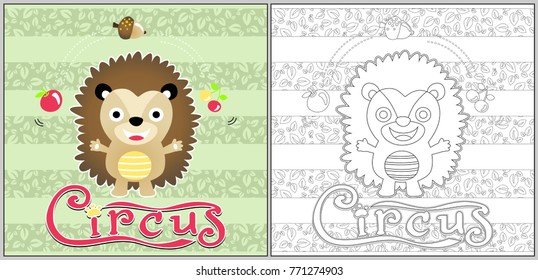 Vector cartoon illustration of cute hedgehog juggling fruits in circus show, coloring page or book