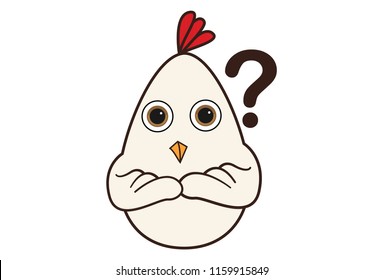 Vector cartoon illustration of cute hen is confused. Isolated on white background.