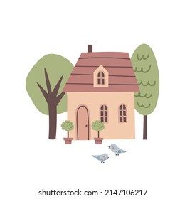 Vector cartoon illustration of cute house. Cozy home. Scandinavian style.  Summer landscape of with private building on white background.