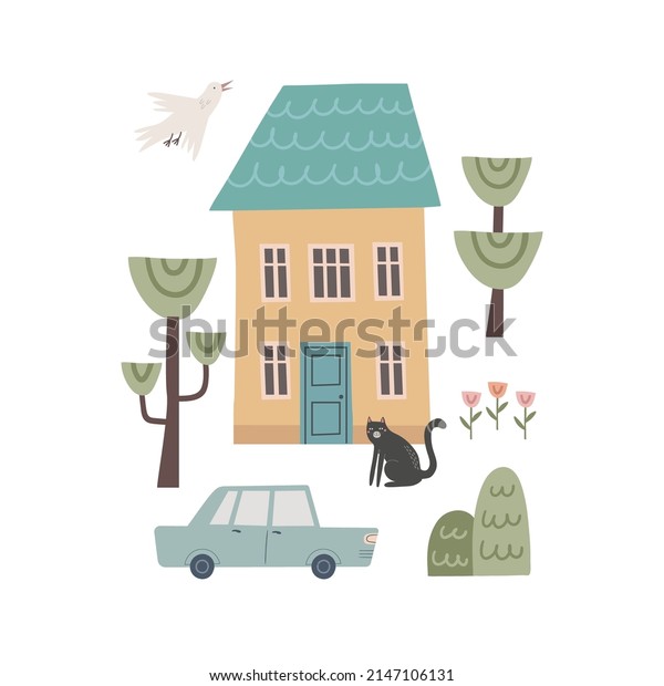 Vector cartoon illustration of cute house and cat.\
Hand drawn city modern apartments on white background. Nursery\
concept for bedding,\
poster