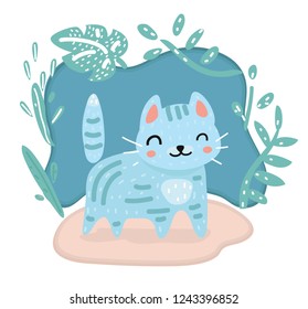 Vector cartoon illustration of Cute kawaii cat character. Cute character style on dark bacground decorated by floral element.
