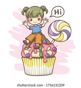 Vector cartoon illustration cute kid girl and big cupcake with candy isolated on white background, This Design for used to decorate publications, banners, animation, Infographic, and more.