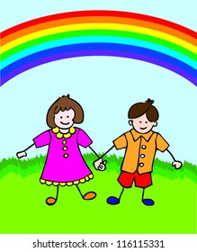 vector cartoon illustration of cute kids holding hands under a rainbow