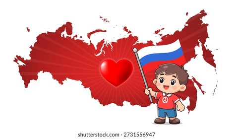 Vector ilustración de dibujos animados de lindo, amable, alegre, sonriente niño pequeño con bandera tricolor de Rusia. Corazón rojo. Señal de paz. Grande mapa radiante de la Federación Rusa. Amor. Fondo aislado