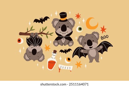 Ilustración de dibujos animados de Vector de koala lindo para niños. Koala en traje de vampiro, con alas de murciélago para Halloween, con luna creciente, estrellas, botella de poción roja y dientes con sangre.