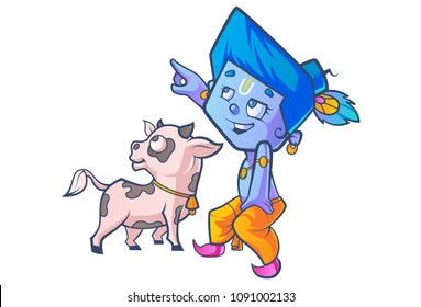 Vector Cartoon Illustration of Cute Krishna With Cow Calf. Isolated On White Background.