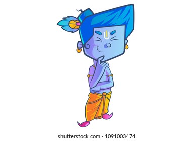 Vector Cartoon Illustration of Cute Krishna Thinking. Isolated On White Background.