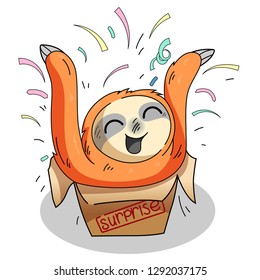 Vector cartoon illustration of cute lemur  who jumps out of the box that says surprise