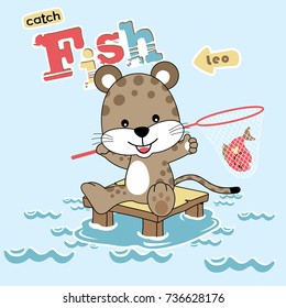 vector cartoon illustration of cute leopard catching fish with fish net in river