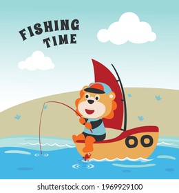 Vector cartoon illustration of cute lion fishing on sailboat with cartoon style. Can be used for t-shirt print, kids wear fashion design, fabric textile, nursery wallpaper and poster.