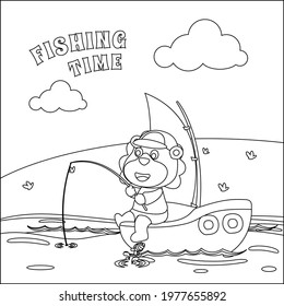 Vector cartoon illustration of cute lion fishing on sailboat with cartoon style. Childish design for kids activity colouring book or page.