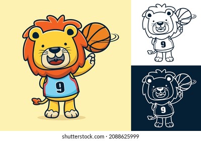 Vector cartoon illustration of cute lion the basketball player twisting the ball