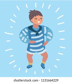 Vector cartoon illustration of cute little baby boy trying to step on blue background.