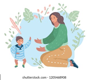 Vector cartoon illustration of cute little baby boy making his first steps, walking to his mother.