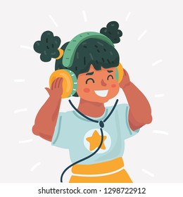 Vector cartoon illustration of Cute little girl with headphones on white. Close up view female kid characters on white background.