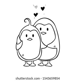 Vector cartoon illustration with cute little penguins in love isolated on background