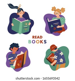 Vector cartoon illustration of cute little children reading books on white background.Children hold a book in their hands.  Book Festival, Library, Bookstore Shop Advertising.