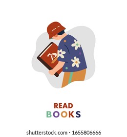 Vector cartoon illustration of cute little boy reading books on white background. Book Festival, Library, Bookstore Shop Advertising.