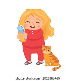 Vector cartoon illustration of a cute little girl combing her hair.
