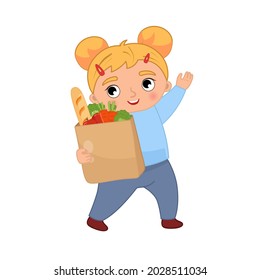 Vector cartoon illustration of a cute little girl carries groceries in a package.
