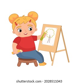 Vector cartoon illustration of a cute little girl draws behind an easel.
