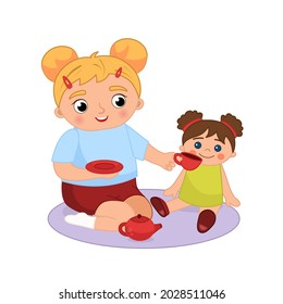 Vector cartoon illustration of a cute little girl playing with a doll.
